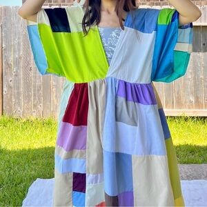 Handmade Quilted V-Neck Colorblock Dress SKU 07291